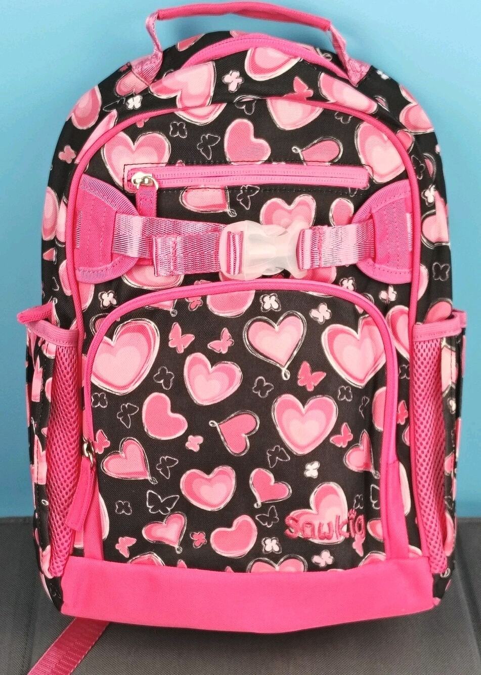 Sawkig Girls Heart Backpack Pink Black School Bookbag Graphic Travel Chest Strap